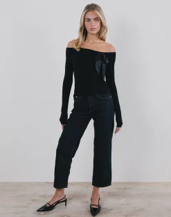 Motel Rocks Basic Tops | Bandeau Tops-Orianne Bardot Top in Knit Black with Satin Bow