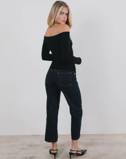 Motel Rocks Basic Tops | Bandeau Tops-Orianne Bardot Top in Knit Black with Satin Bow