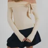 Motel Rocks Basic Tops | Long Sleeve Tops-Orianne Long Sleeve Bardot Top in Knit Buttercream KnitButtercream