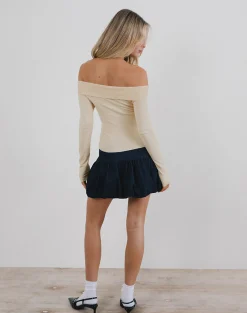 Motel Rocks Basic Tops | Long Sleeve Tops-Orianne Long Sleeve Bardot Top in Knit Buttercream KnitButtercream
