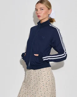 Motel Rocks Jumpers-Orion Zip Up Jumper in Navy with White Stripes and M Embroidery