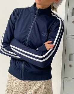 Motel Rocks Jumpers-Orion Zip Up Jumper in Navy with White Stripes and M Embroidery