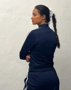 Motel Rocks Jumpers-Orion Zip Up Jumper in Navy with White Stripes and M Embroidery
