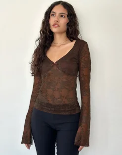 Motel Rocks Long Sleeve Tops-Orphee Long Sleeve Lace Top in Brown