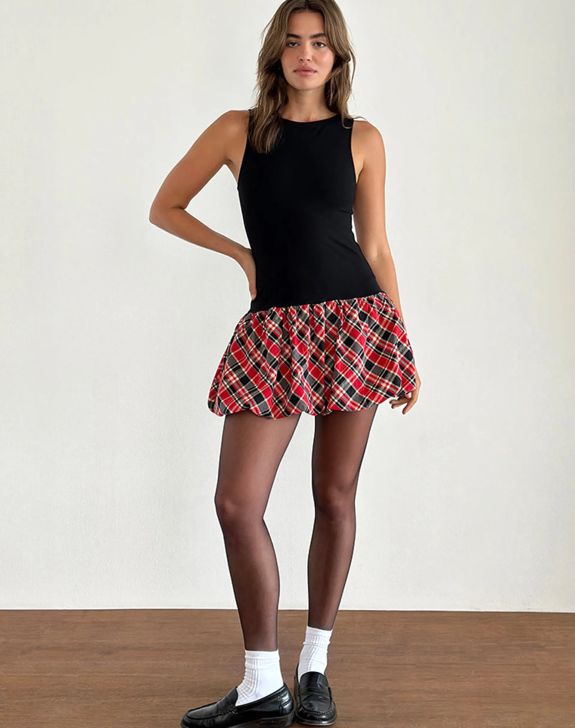 Motel Rocks Tailoring | Bodycon Dresses-Ortega Mini Dress in Black with Diagonal Check Red