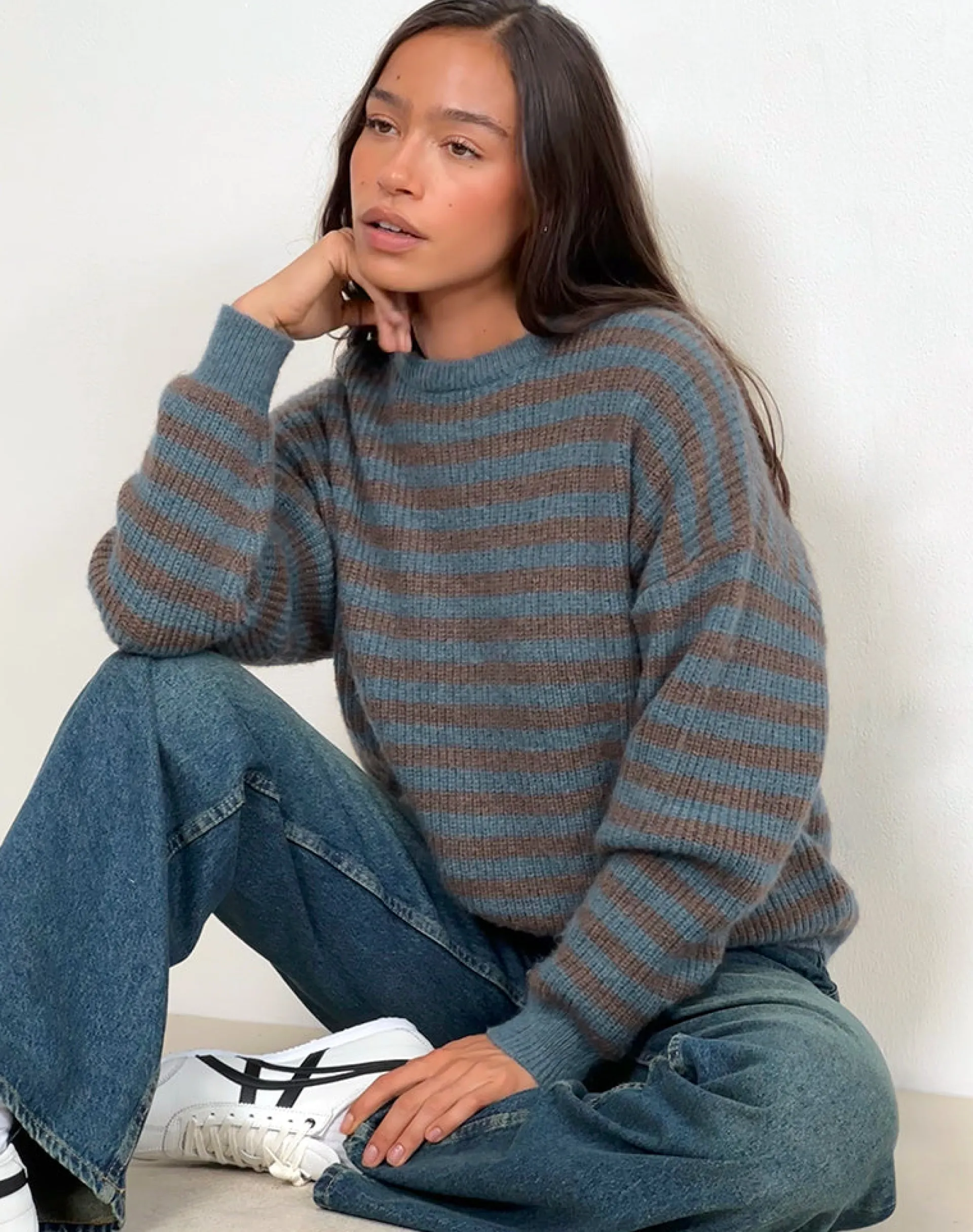 Motel Rocks Jumpers-Orvala Knit Jumper in Slate and Brown Stripe
