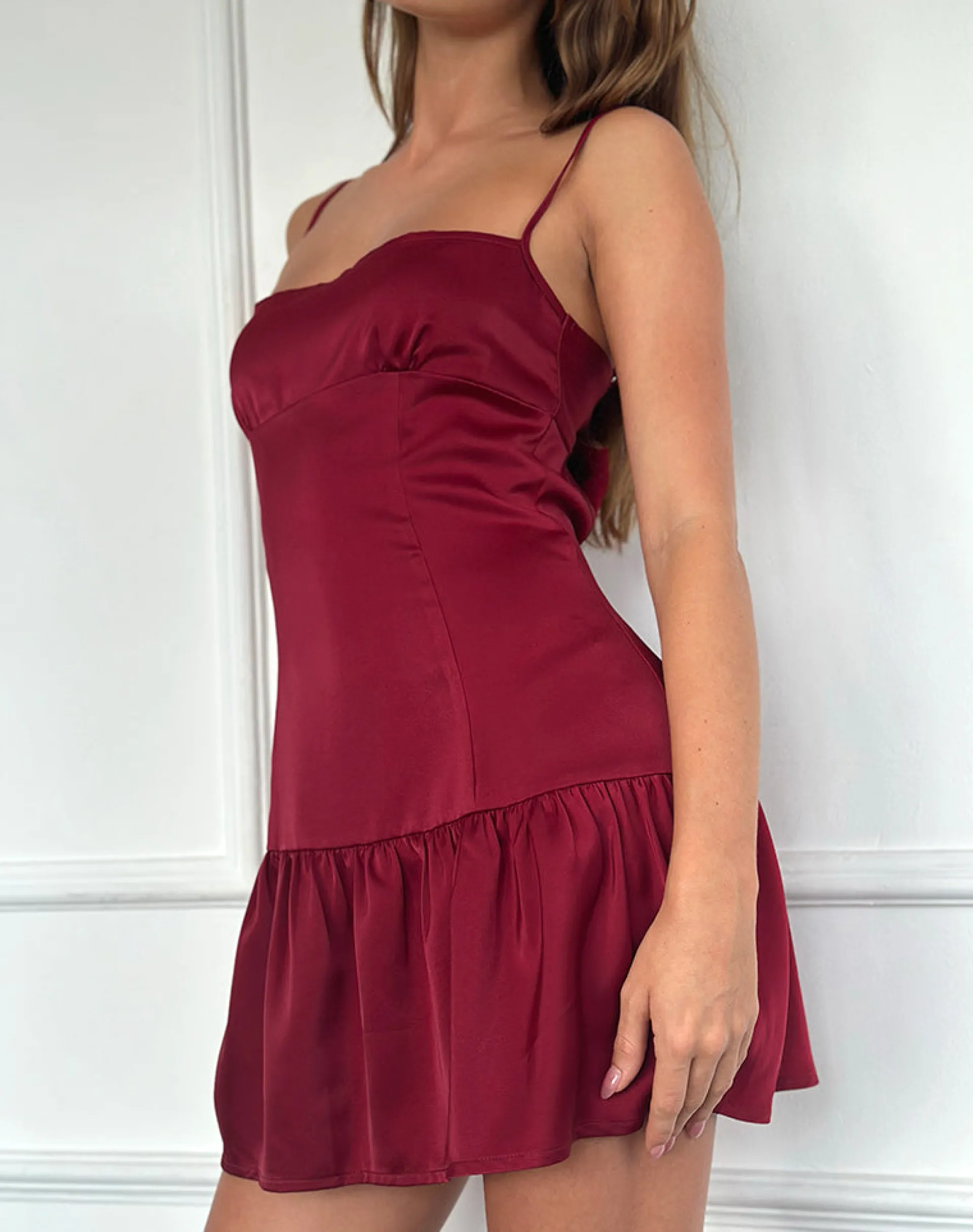 Motel Rocks Mini Dresses-Oshi Open Back Mini Dress in Satin Red