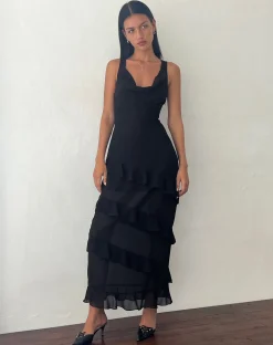 Motel Rocks Little Black Dresses | Party Dresses-Otna Ruffle Detail Chiffon Maxi Dress in Black