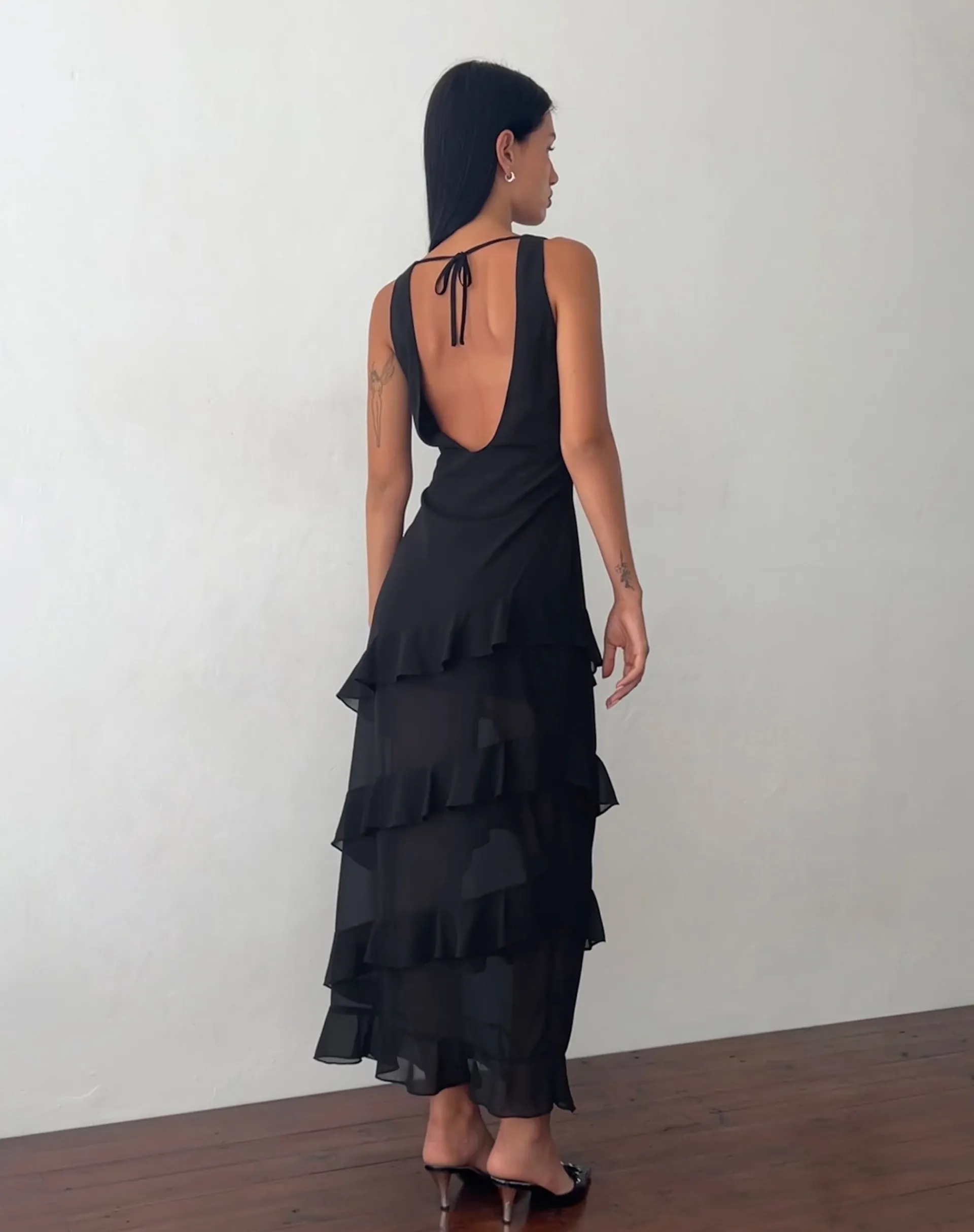 Motel Rocks Little Black Dresses | Party Dresses-Otna Ruffle Detail Chiffon Maxi Dress in Black