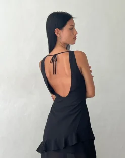 Motel Rocks Little Black Dresses | Party Dresses-Otna Ruffle Detail Chiffon Maxi Dress in Black