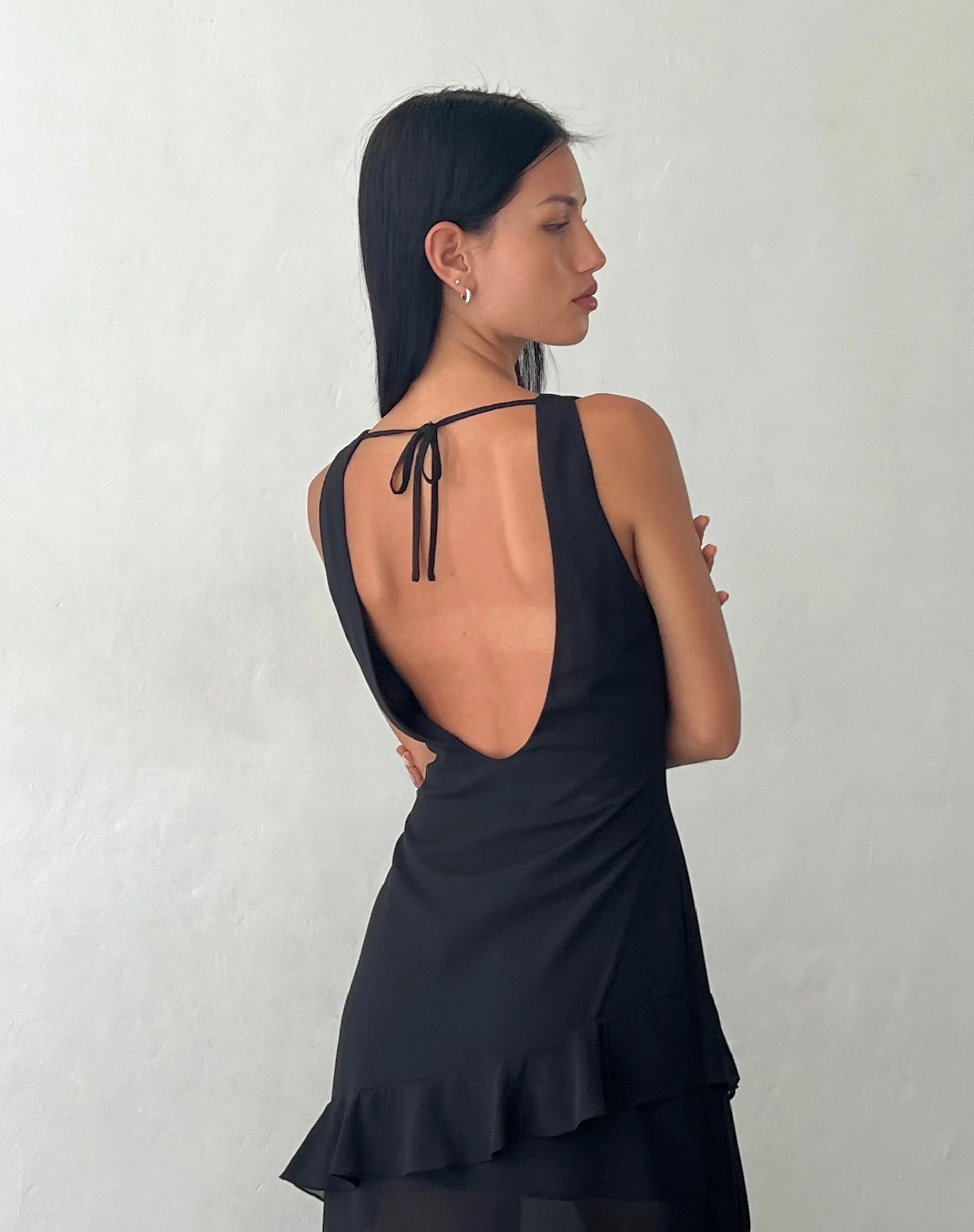 Motel Rocks Little Black Dresses | Party Dresses-Otna Ruffle Detail Chiffon Maxi Dress in Black