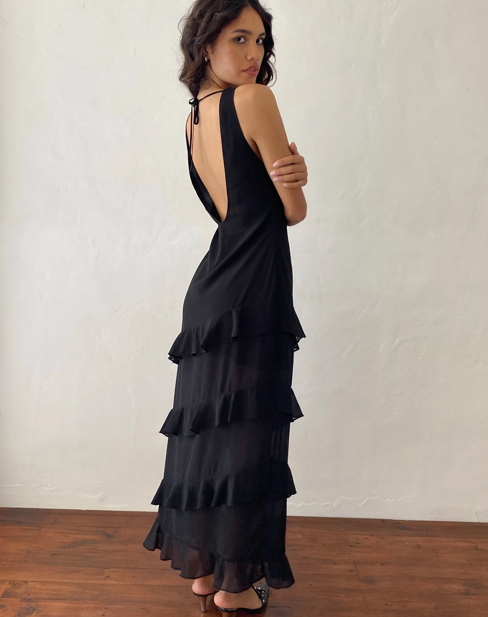 Motel Rocks Little Black Dresses | Party Dresses-Otna Ruffle Detail Chiffon Maxi Dress in Black