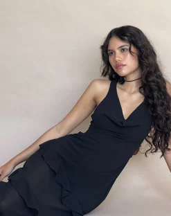 Motel Rocks Little Black Dresses | Party Dresses-Otna Ruffle Detail Chiffon Maxi Dress in Black