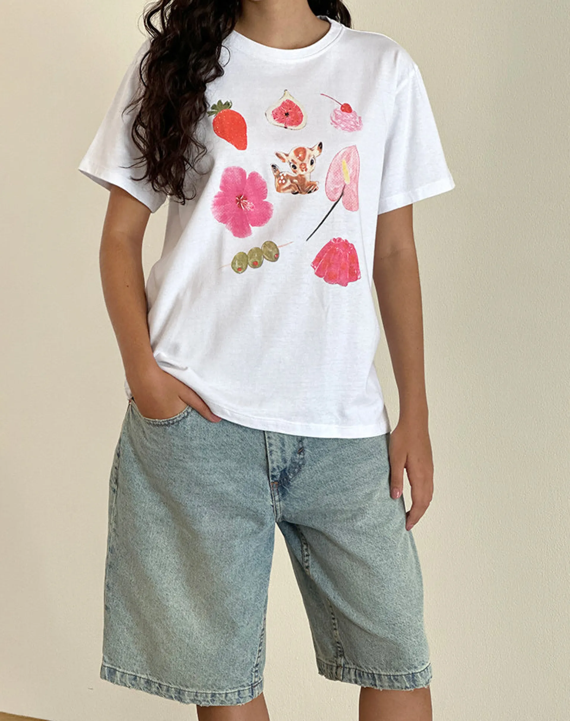 Motel Rocks Basic Tops | Printed Tops-Oversized Basic Tee in White Cuties whitecuties