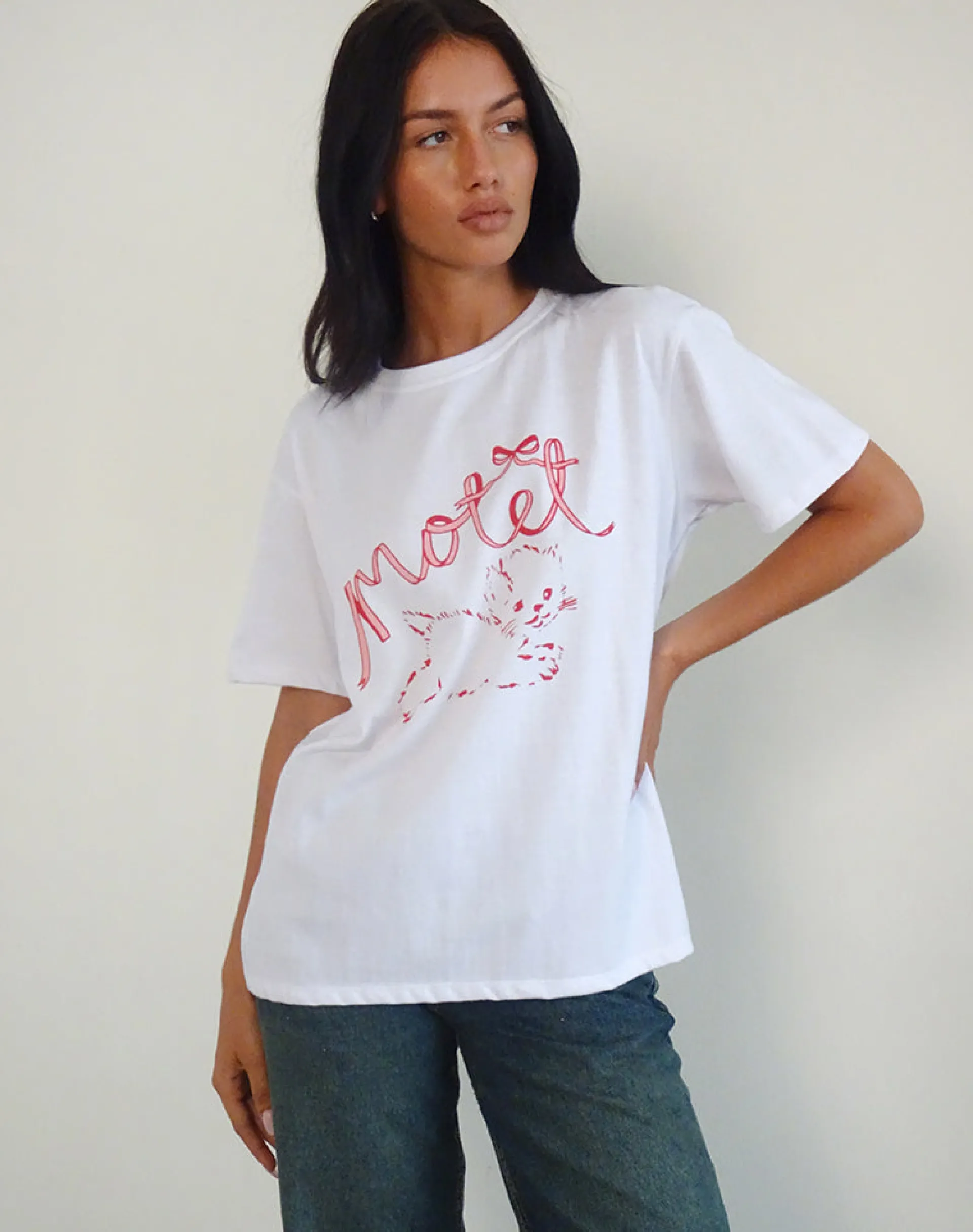 Motel Rocks Printed Tops | Tees-Oversized Basic Tee in White with Kitty WhitewithKitty