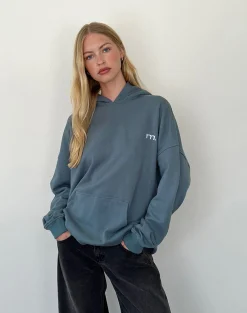 Motel Rocks Hoodies & Sweatshirts-Oversized Hoodie in Blue Mirage with White 'MOTEL' Embroidery BlueMiragewithWhite'MOTEL'Embroidery