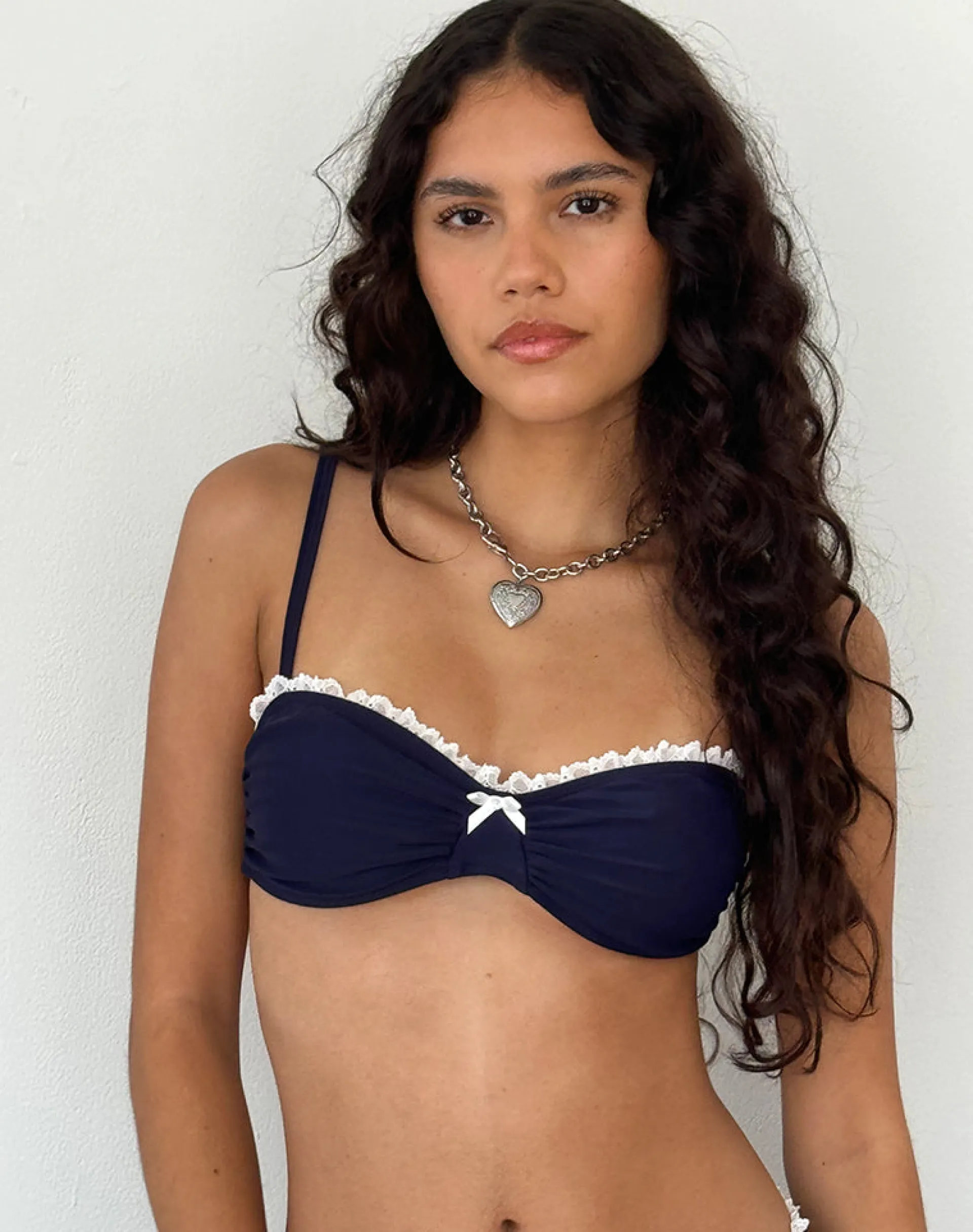 Motel Rocks Swimwear-Pali Bikini Top in Midnight Blue with Broderie Trim MidnightBluewithBroderieTrim