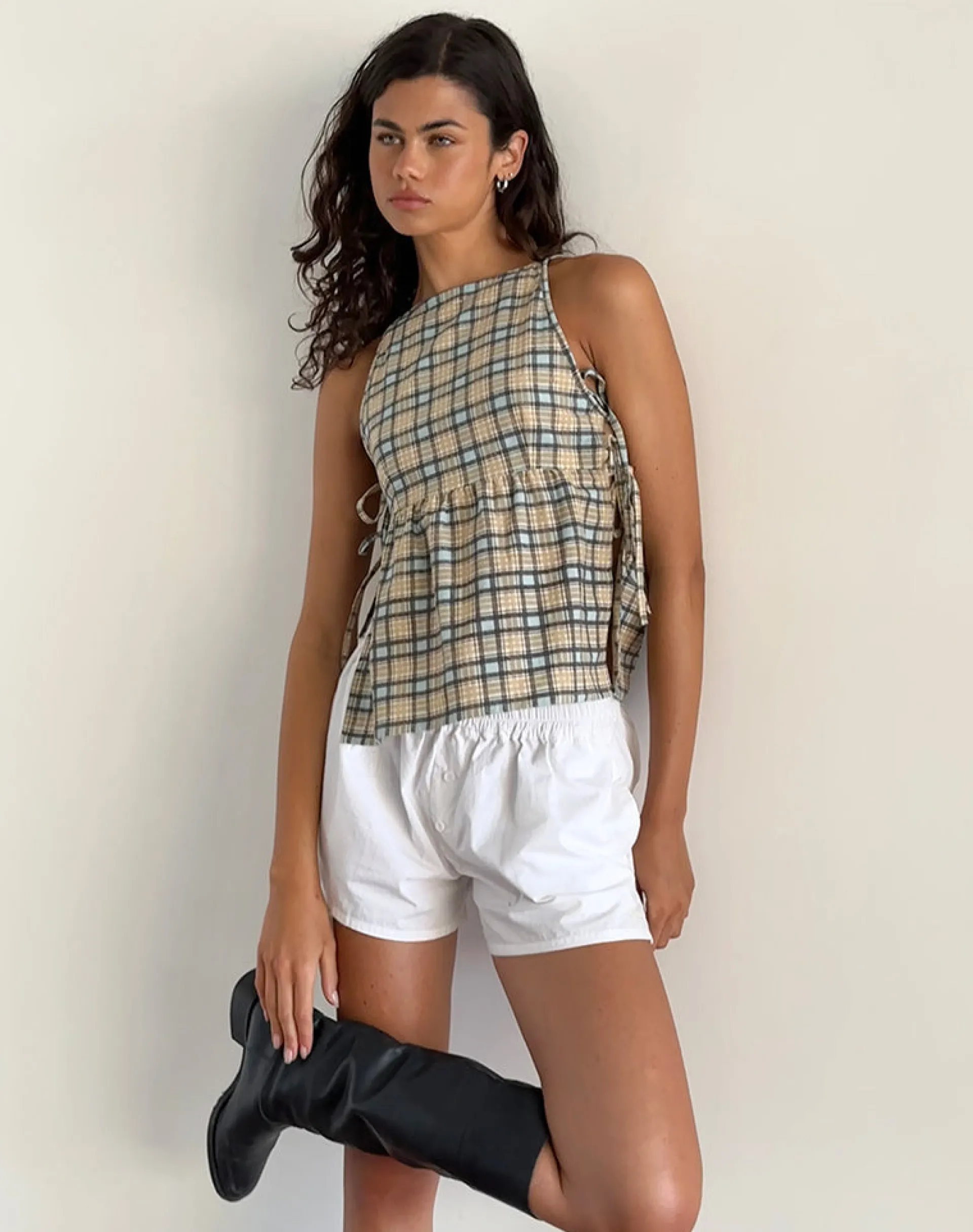 Motel Rocks Basic Tops | Vest Tops-Palsi Loose Sleeveless Top in Pastel Blue Tartan pastelbluetartan