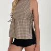 Motel Rocks Printed Tops-Palsi Tie Side Sleeveless Top in Brown Mini Gingham BrownMiniGingham