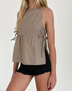 Motel Rocks Printed Tops-Palsi Tie Side Sleeveless Top in Brown Mini Gingham BrownMiniGingham