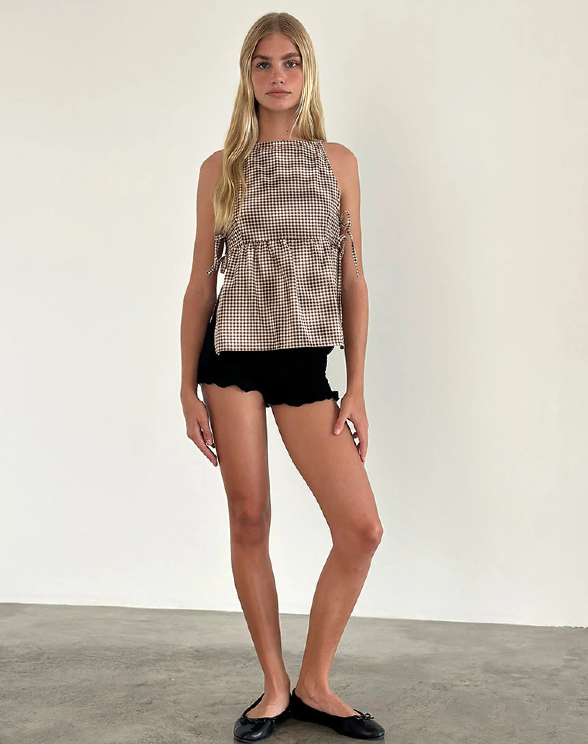 Motel Rocks Printed Tops-Palsi Tie Side Sleeveless Top in Brown Mini Gingham BrownMiniGingham