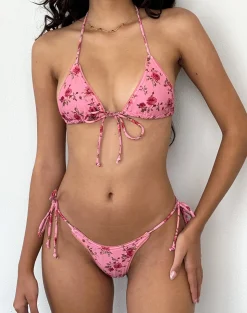 Motel Rocks Swimwear-Pamita Bikini Top in Pink Floral Bloom with Picot Trim PinkFloralBloomwithPicotTrim