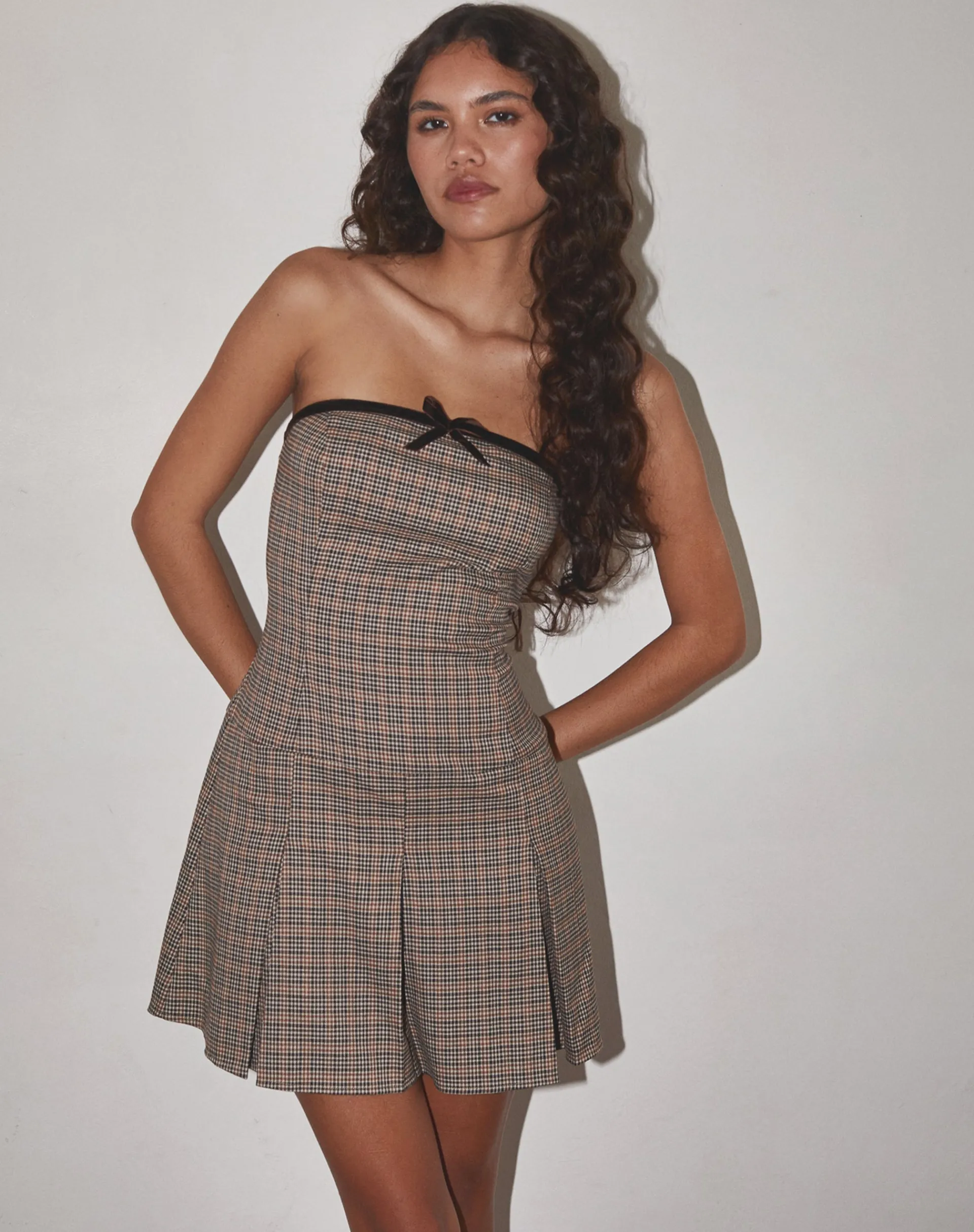 Motel Rocks Bandeau Dresses | Mini Dresses-Panola Mini Dress in Micro Check Brown