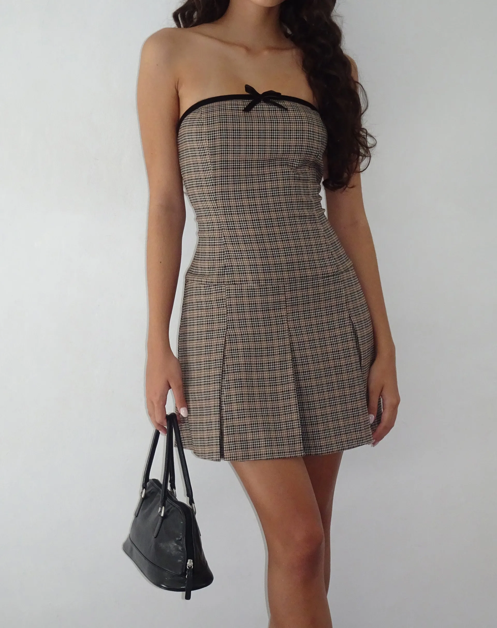 Motel Rocks Bandeau Dresses | Mini Dresses-Panola Mini Dress in Micro Check Brown