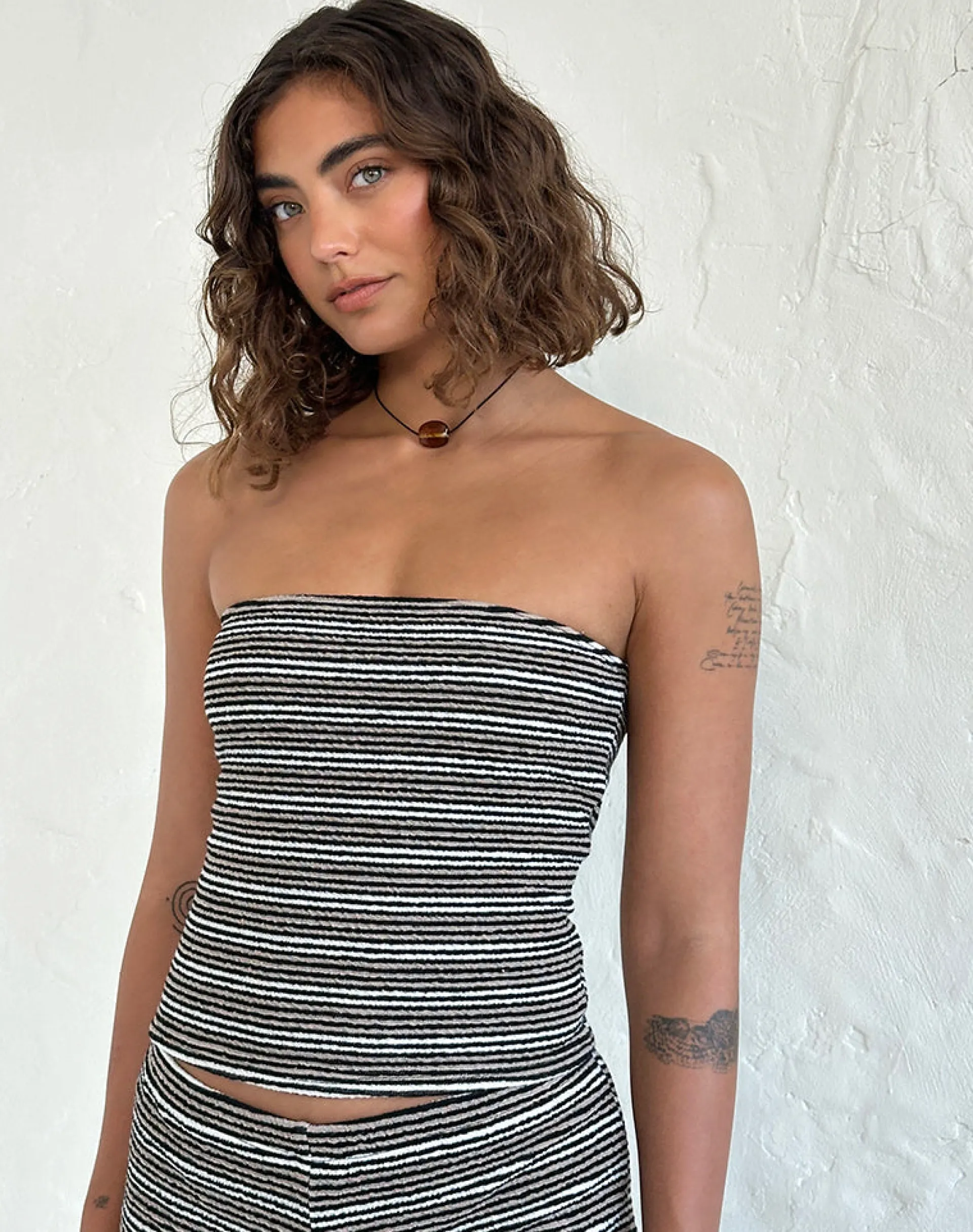 Motel Rocks Co-Ords | Basic Tops-Peggy Bandeau Top in Black and Brown Stripe BlackandBrownStripe