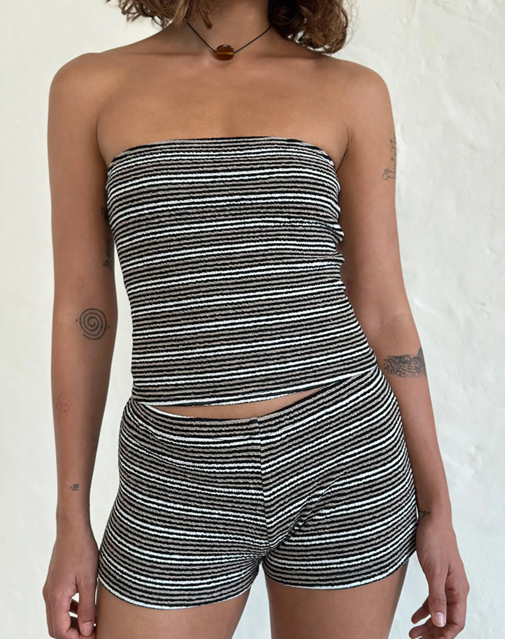Motel Rocks Co-Ords | Basic Tops-Peggy Bandeau Top in Black and Brown Stripe BlackandBrownStripe