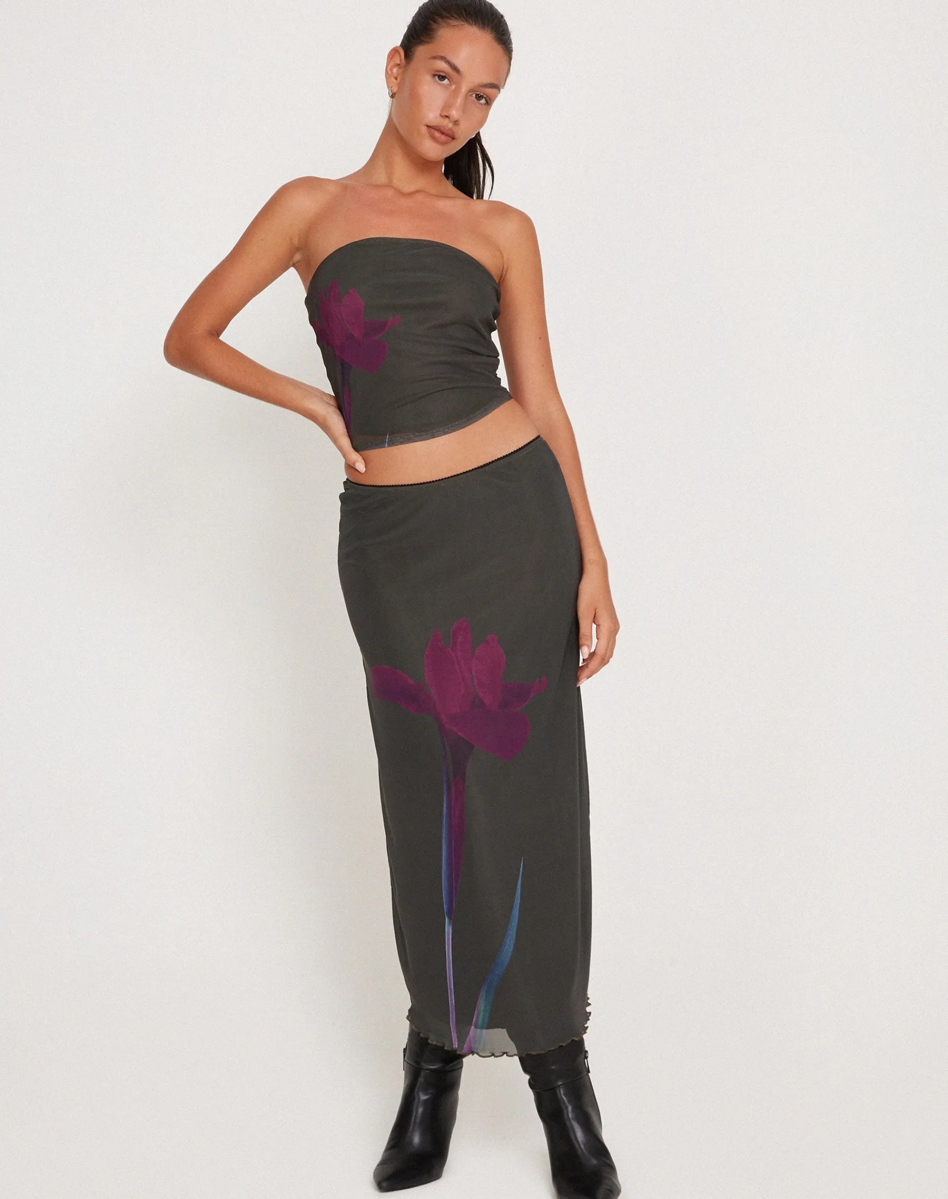 Motel Rocks Bandeau Tops | Printed Tops-Peggy Bandeau Top in Green with Purple Flower Print greenwithpurpleflowerprint