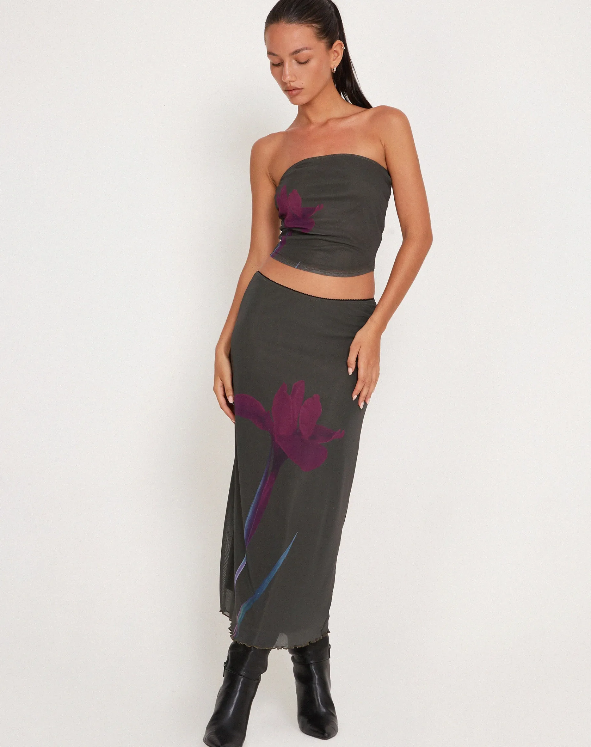 Motel Rocks Bandeau Tops | Printed Tops-Peggy Bandeau Top in Green with Purple Flower Print greenwithpurpleflowerprint