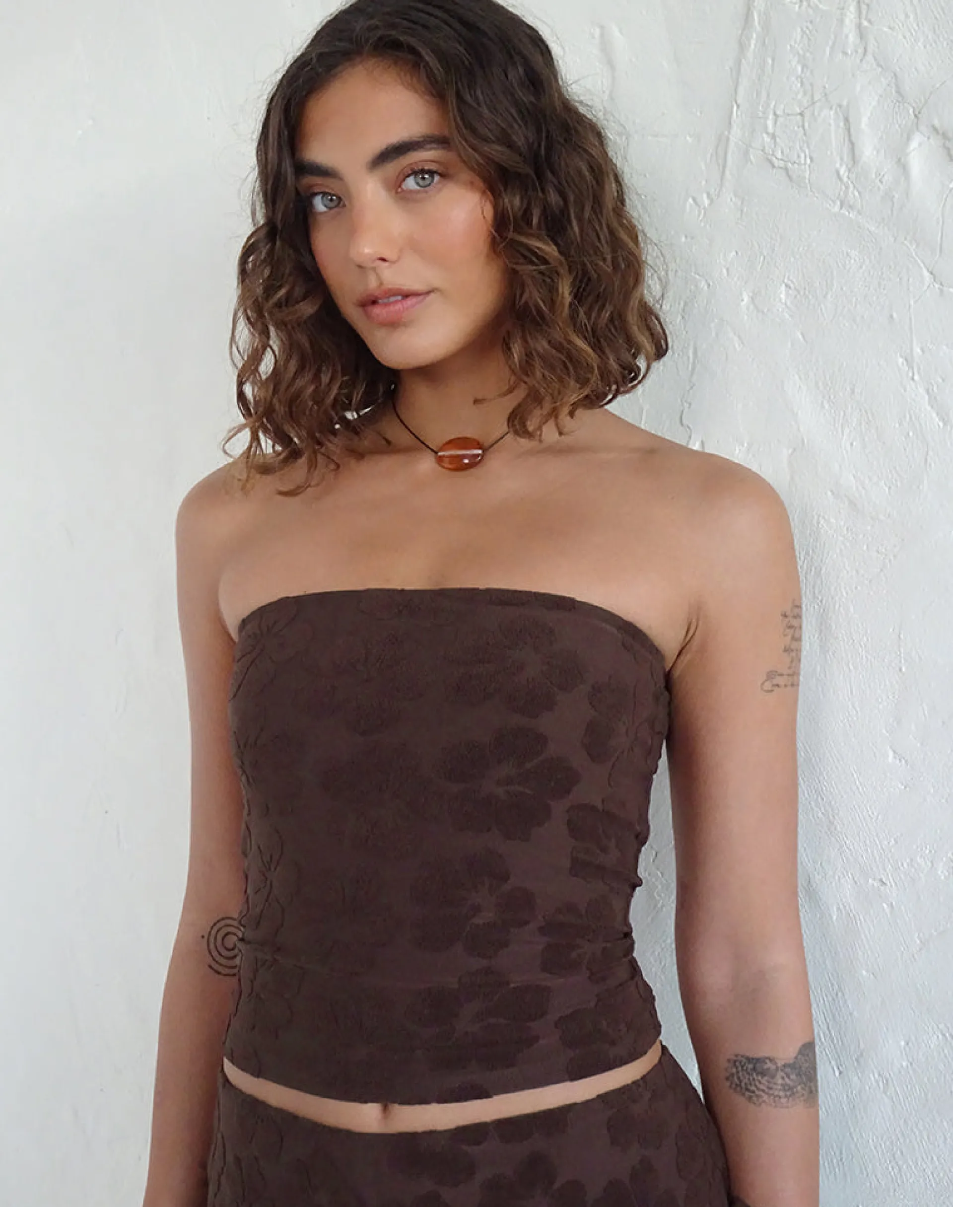 Motel Rocks Co-Ords | Basic Tops-Peggy Bandeau Top in Hibiscus Terry Brown HibiscusTerryBrown