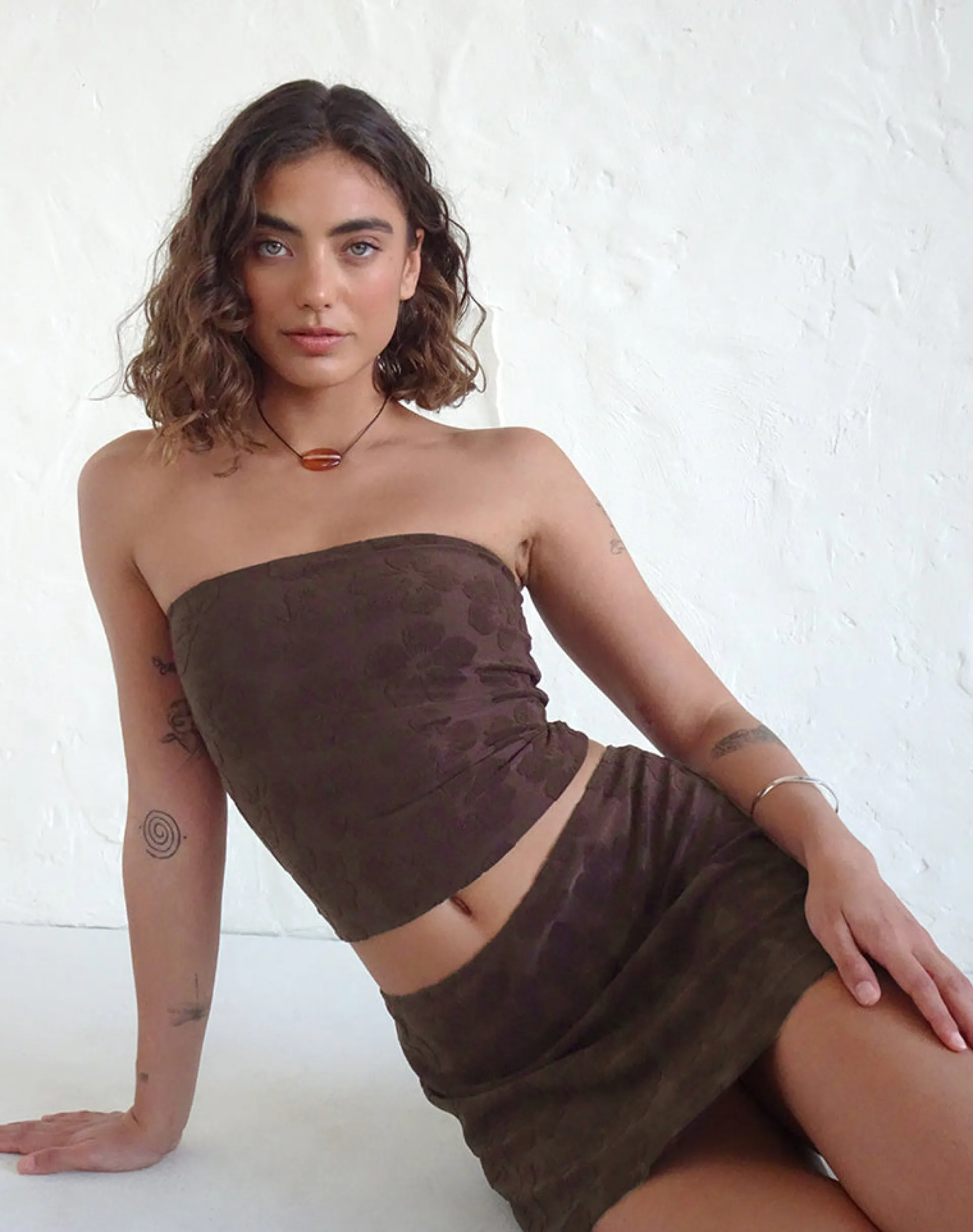 Motel Rocks Co-Ords | Basic Tops-Peggy Bandeau Top in Hibiscus Terry Brown HibiscusTerryBrown