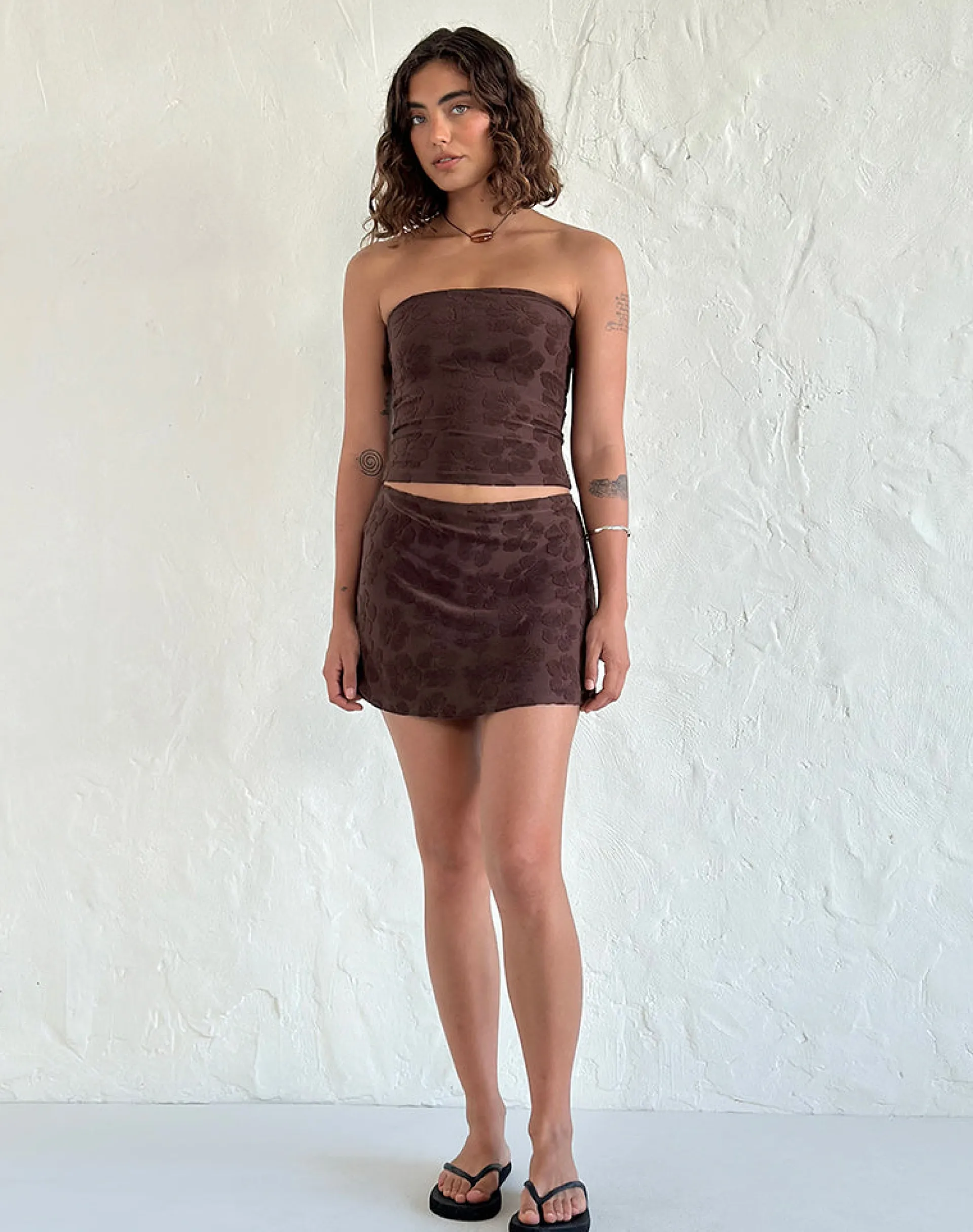 Motel Rocks Co-Ords | Basic Tops-Peggy Bandeau Top in Hibiscus Terry Brown HibiscusTerryBrown