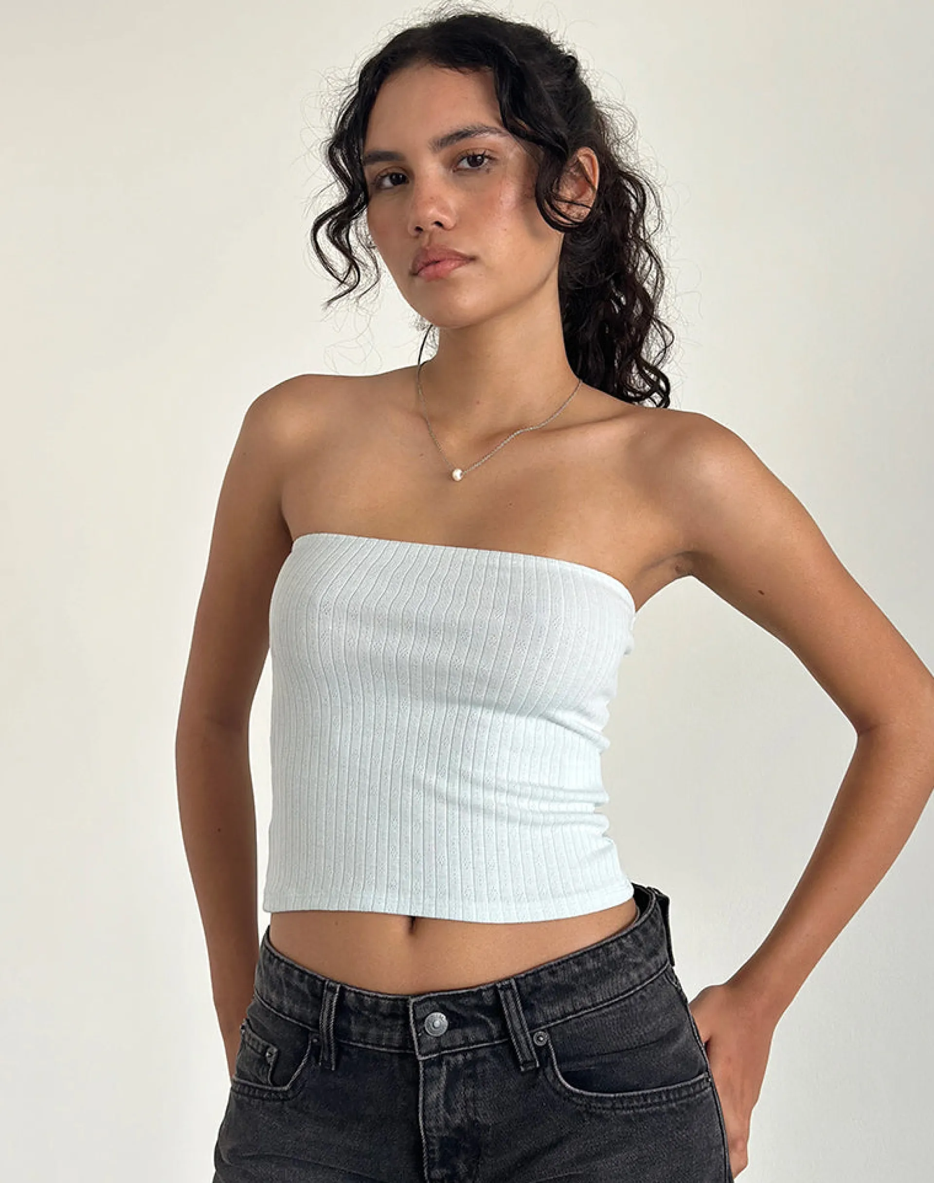 Motel Rocks Basics | Basic Tops-Peggy Bandeau Top in Pointelle Soft Blue PointelleSoftBlue