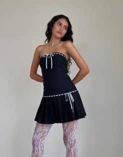 Motel Rocks Bandeau Dresses | Day Dresses-Petula Mini Dress in Black with Blue Contrast Ribbon