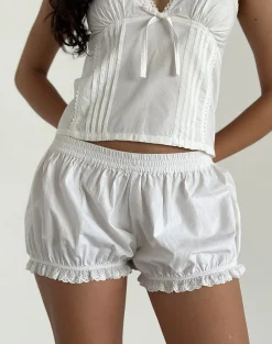 Motel Rocks Loungewear-Picu Frill Hem Shorts in Poplin White PoplinWhite