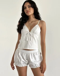Motel Rocks Loungewear-Picu Frill Hem Shorts in Poplin White PoplinWhite