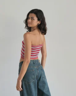 Motel Rocks Co-Ords | Printed Tops-Pihla Tube Top in Red and Grey Stripe