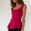 Motel Rocks Going Out Tops-Piro Ruffle Longline Top in Burgundy