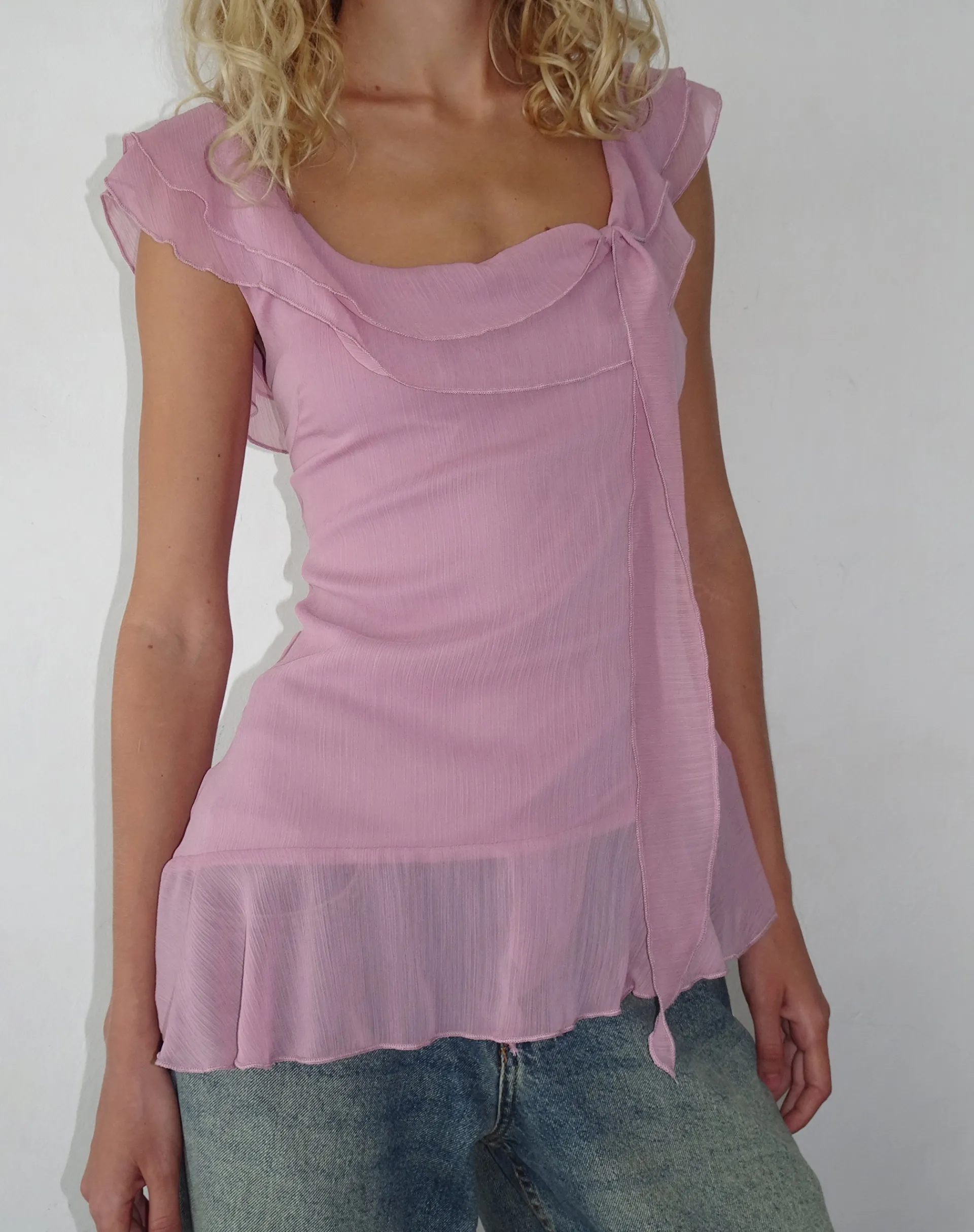 Motel Rocks Going Out Tops-Piro Ruffle Longline Top in Light Plum lightplum