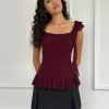 Motel Rocks Shirts And Blouses | Printed Tops-Piroli Top in Ditsy Floral Flock Burnt Maroon