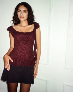 Motel Rocks Shirts And Blouses | Printed Tops-Piroli Top in Ditsy Floral Flock Burnt Maroon