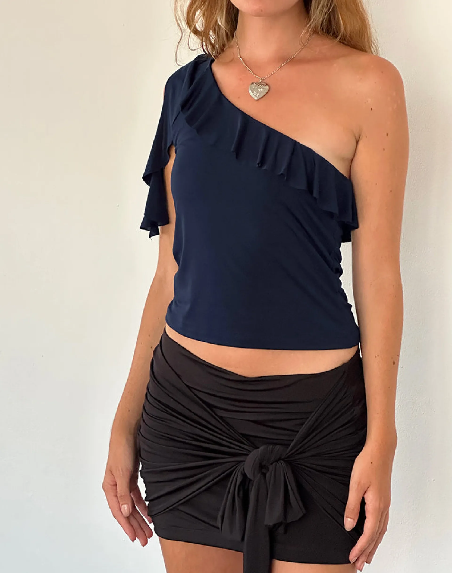 Motel Rocks Long Sleeve Tops-Polly Asymmetric Frill Top in Navy