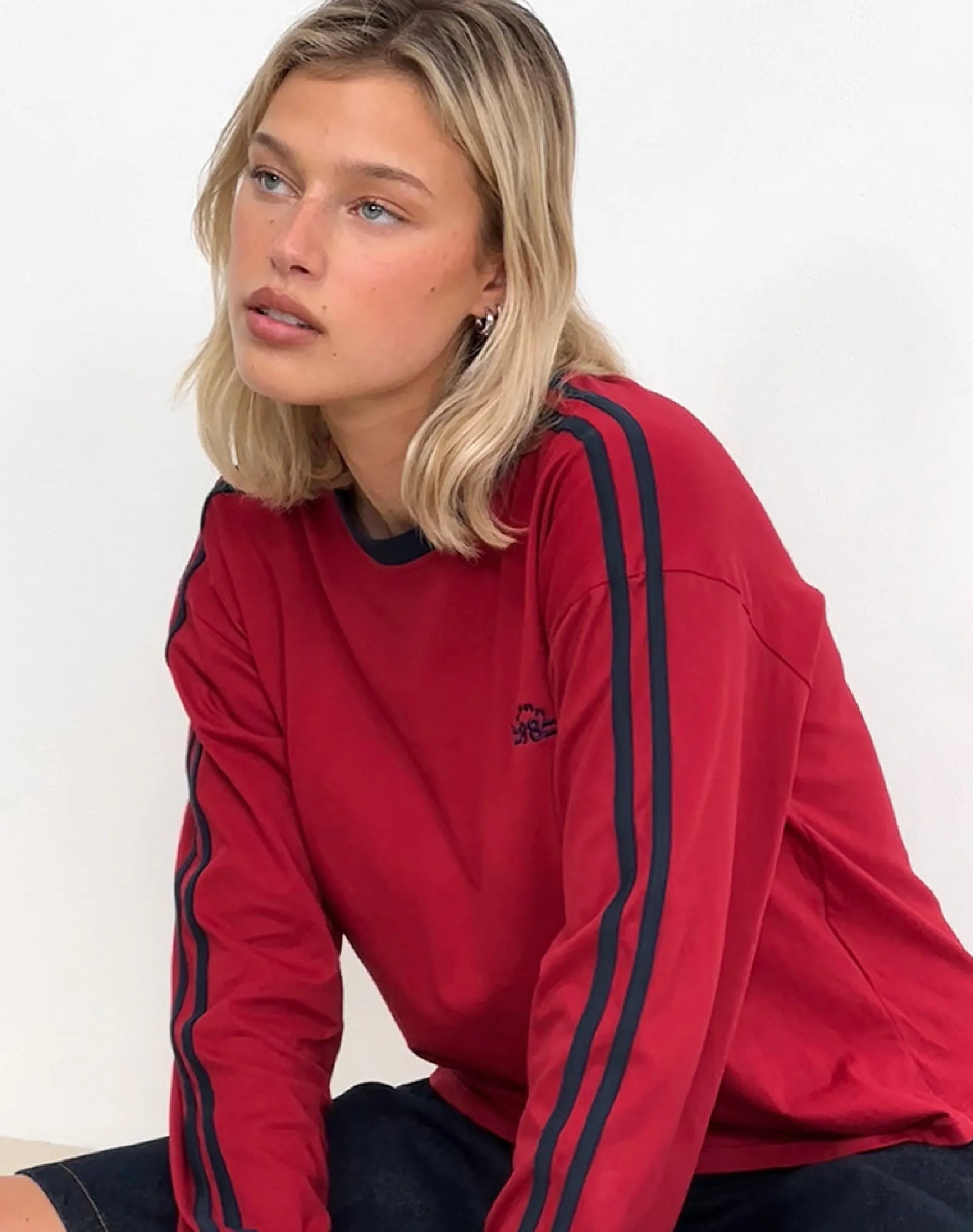 Motel Rocks Basic Tops | Long Sleeve Tops-Prata Long Sleeve Top in Adrenaline Red with Navy Binding adrenalineredwithnavybinding