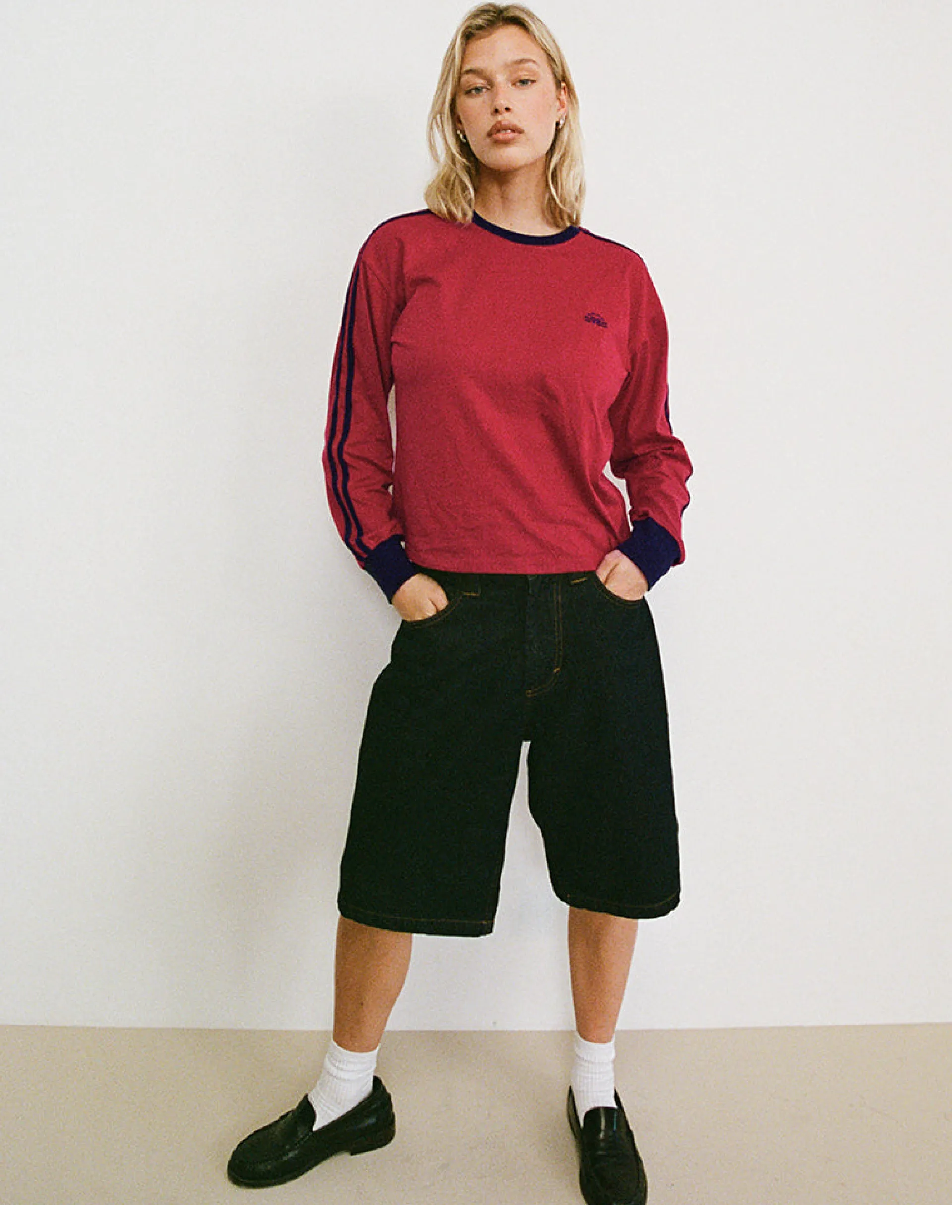 Motel Rocks Basic Tops | Long Sleeve Tops-Prata Long Sleeve Top in Adrenaline Red with Navy Binding adrenalineredwithnavybinding