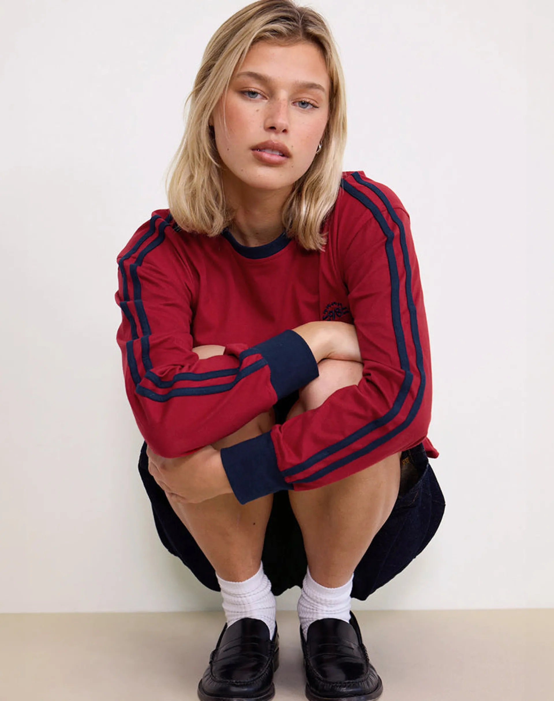 Motel Rocks Basic Tops | Long Sleeve Tops-Prata Long Sleeve Top in Adrenaline Red with Navy Binding adrenalineredwithnavybinding