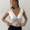 Motel Rocks Lace Tops-Prili Plunge Top in Lace Ivory LaceIvory