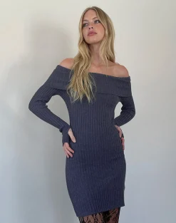 Motel Rocks Day Dresses | Long Sleeve Dresses-Queeva Knitted Bardot Mini Dress in Dark Charcoal
